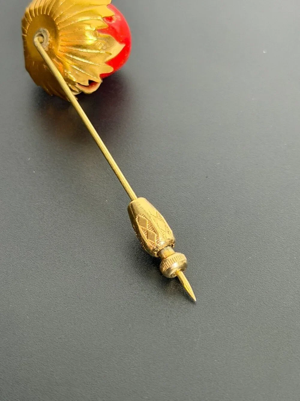 Vintage Red Crackle Glass Hat Pin Gold Tone Flower Stick Pin Victorian Revival